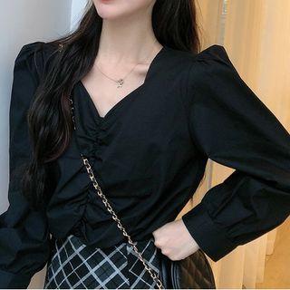 V-neck Plain Ruched Puff Long-sleeve Top