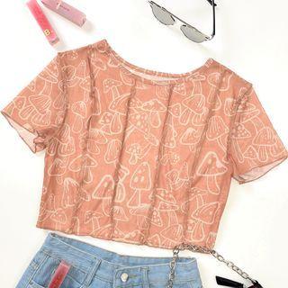 Short-sleeve Ruffle Trim Mushroom Print Crop Top
