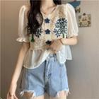 Short Sleeve Mock Two Piece Embroidered Pointelle Knit Panel Top