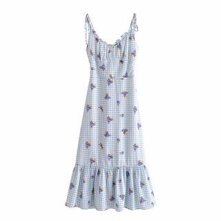 Spaghetti Strap Gingham Floral Midi A-line Dress