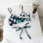 Leaf Print Spaghetti-strap Wrap Crop Top