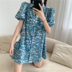Elbow-sleeve Floral Print Shirt Dress Blue - One Size