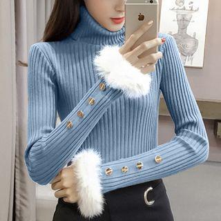 Furry-trim Turtleneck Knit Top