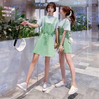 Short-sleeve T-shirt / Buttoned A-line Mini Pinafore Dress / Playsuit / Set