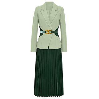 Set: Double-breasted Belted Blazer + Accordion-pleat Midi A-line Skirt
