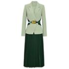 Set: Double-breasted Belted Blazer + Accordion-pleat Midi A-line Skirt