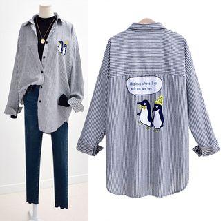 Striped Penguin Print Button Jacket