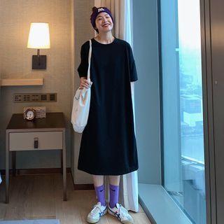 Short-sleeve Plain Shift Midi Dress