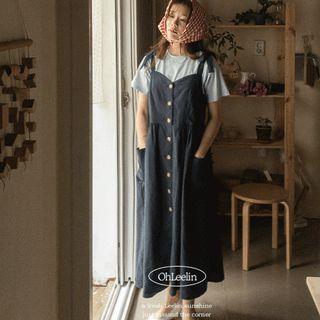 Tie-strap Button-up Flared Long Dress Navy Blue - One Size