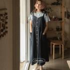 Tie-strap Button-up Flared Long Dress Navy Blue - One Size