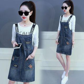 Set: Long-sleeve Lettering T-shirt + Lettering Panel Printed Double Pocket Denim Jumper Dress