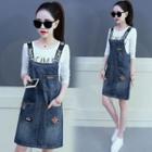 Set: Long-sleeve Lettering T-shirt + Lettering Panel Printed Double Pocket Denim Jumper Dress