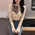 Long-sleeve Mock Neck Bow-accent Knit Top