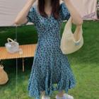 Puff-sleeve V-neck Floral Lace-up Dress