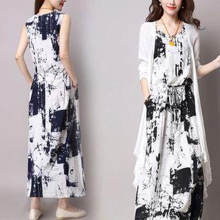 Set: Print Sleeveless Midi Dress + Light Jacket