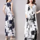 Set: Print Sleeveless Midi Dress + Light Jacket