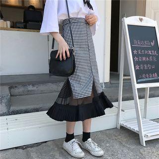 Gingham Mesh Panel Midi Skirt