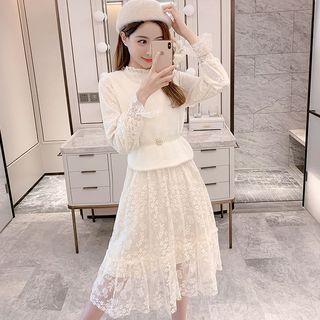 Set: Knit Vest + Lace Long-sleeve Midi Dress