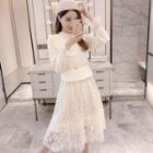 Set: Knit Vest + Lace Long-sleeve Midi Dress