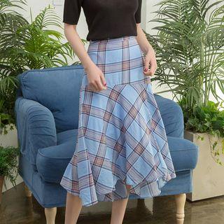 Slit Ruffle-hem Long Plaid Skirt