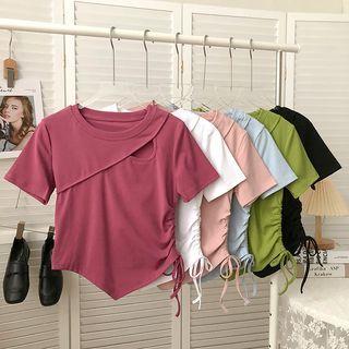 Mock Two-piece Short-sleeve Cutout Drawstring T-shirt