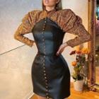 Puff-sleeve Faux Leather Panel Mini Bodycon Dress