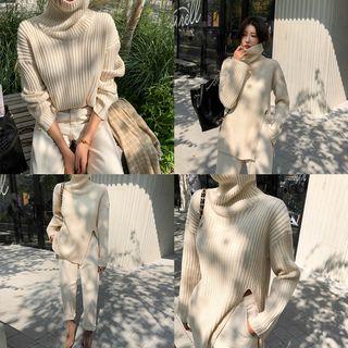 Turtleneck Slashed Ribbed Sweater