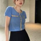 Short-sleeve Contrast Trim Knit Crop Top Blue - One Size