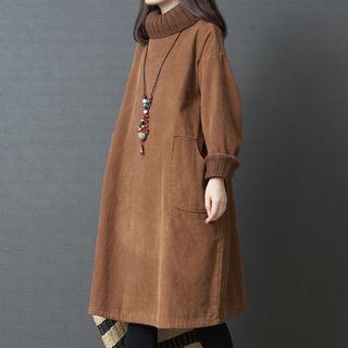 Long-sleeve Mock-neck Paneled Corduroy Midi Dress
