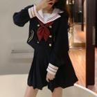 Set: Double Breasted Sailor Collar Jacket + Pleated Skirt