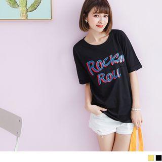 Elbow Sleeve Contrast Letter Print T-shirt