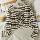 Set: Striped Ruched Halter Top + Open-front Light Cardigan White - One Size