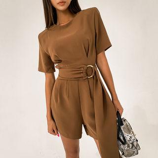 Round-neck Pintuck-trim Playsuit With Sash