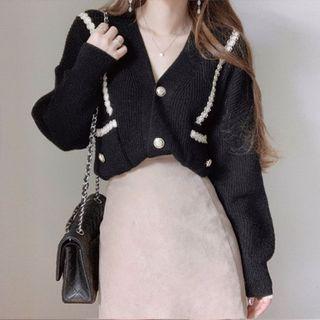 V-neck Contrast Trim Knit Cardigan