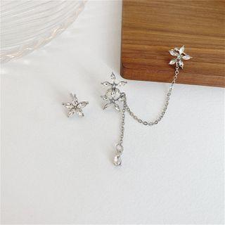 Snowflake Rhinestone Chained Cuff Earring 1 Pair - S925 Silver Stud - Asymmetrical - Silver - One Size