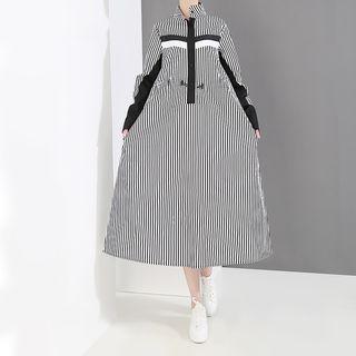 Striped Drawstring Long-sleeve Midi Dress Blue - One Size