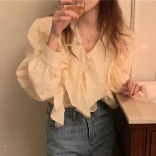 V-neck Ruffled Blouse Almond - One Size