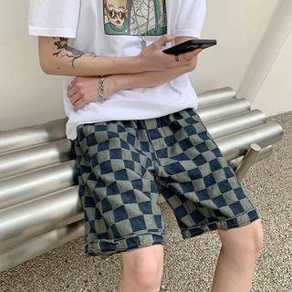 Checkerboard Wide Leg Denim Shorts