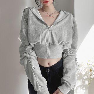 Drawstring Hooded Zip Cropped Jacket