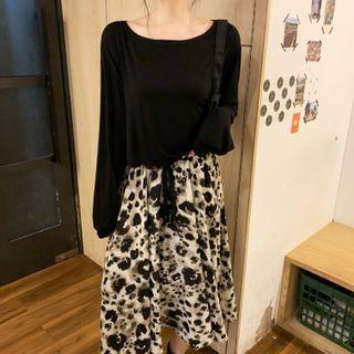 Plain Top / Leopard Print Midi A-line Skirt / Set