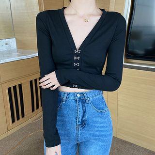 Long-sleeve V Neck T-shirt Black - One Size