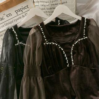Patchwork Pearl-trim Velvet Crop Top