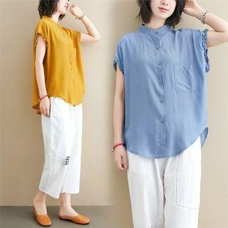 Plain Stand-collar Wood Ear Trim Short-sleeve Shirt