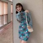 Traditional Chinese Long-sleeve Cold Shoulder Mesh Paneled Printed Mini Dress