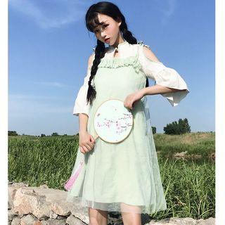 Elbow-sleeve Blouse / Strappy Sheer A-line Dress