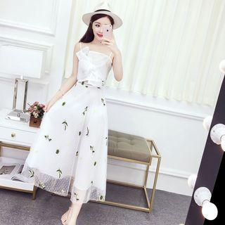 Set: Spaghetti-strap Bow Top + Embroidered A-line Maxi Mesh Skirt