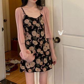 Set: Plain Cropped Cardigan + Sleeveless Floral Dress