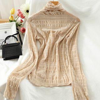 Turtleneck Shirred Long-sleeve Mesh Top
