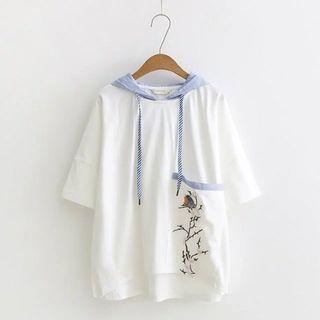 Embroidered Color Panel Elbow Sleeve Hoodie