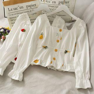 Fruit-embroidered Ruffled Crop Top